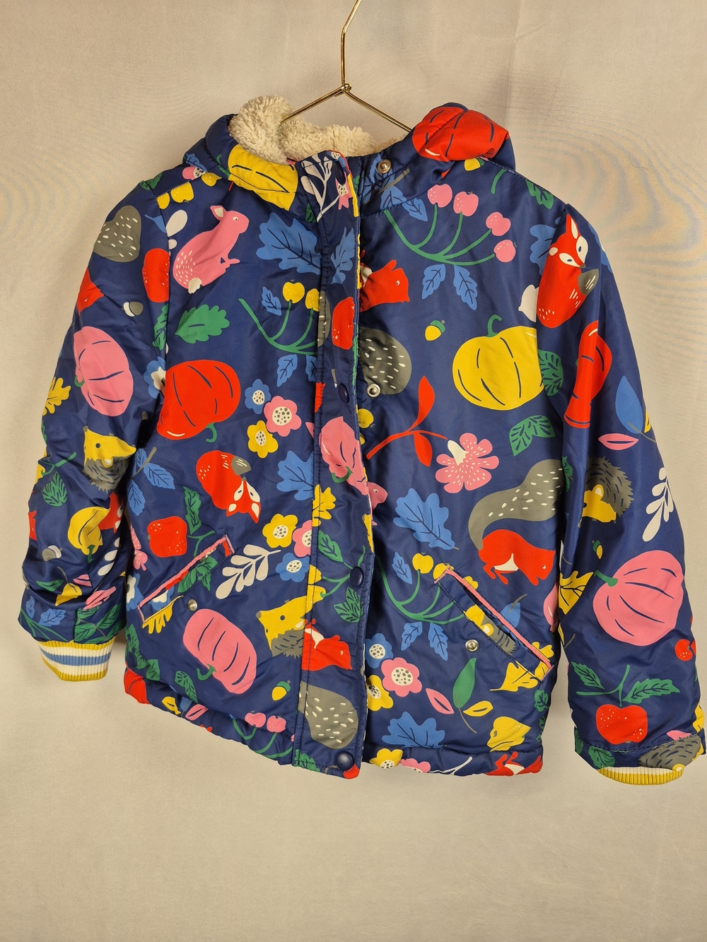 Mini Boden Navy Puffer Jacket with Bright Nature Print 6y